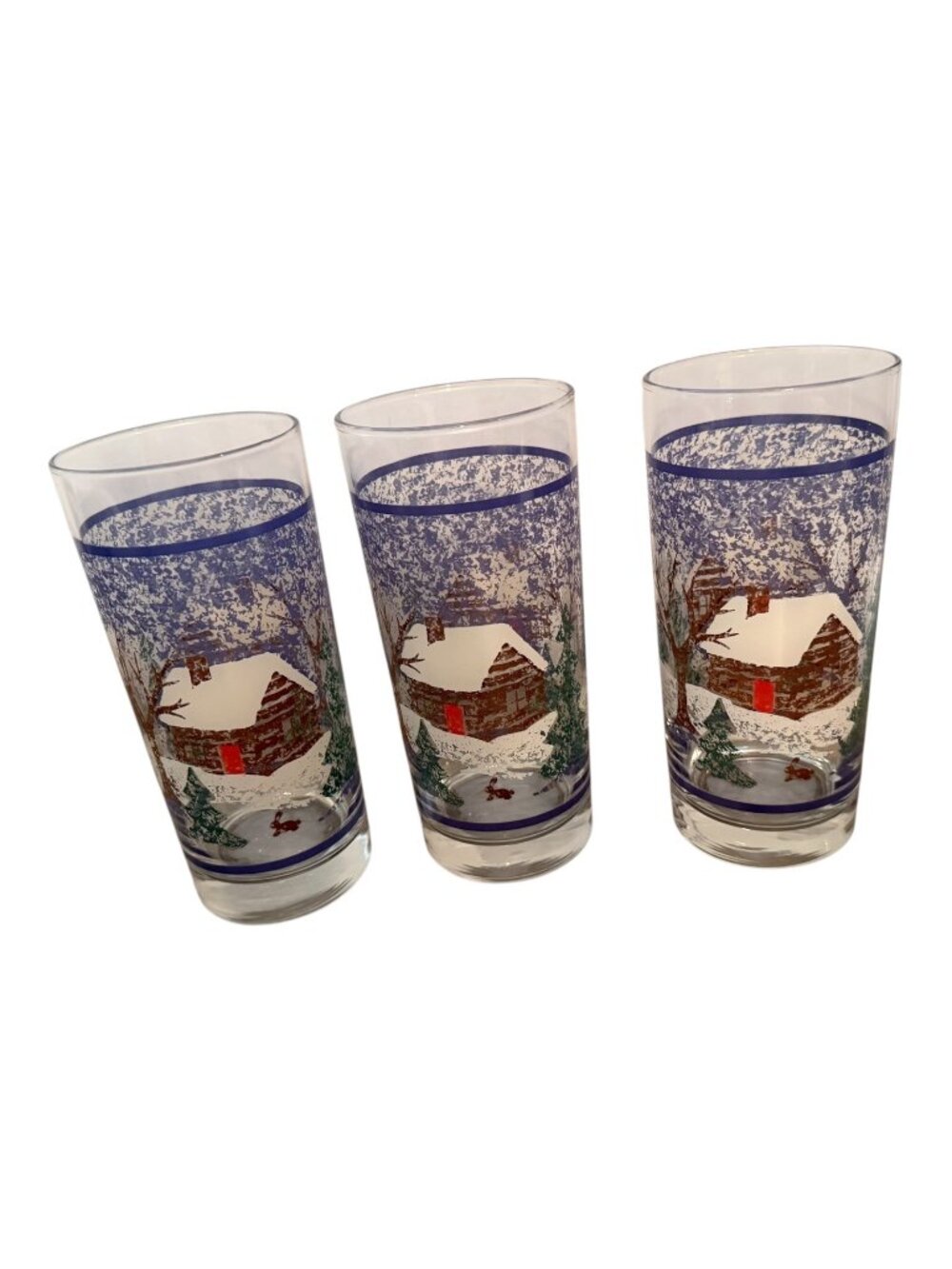 Vintage Winter Cabin Snow Scene Highball Glasses Set of 3 Blue Frosted Tumblers